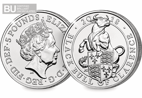 This £5 was issued by The Royal Mint as part of the Queen's Beasts series of £5 coins. It features a design of the Black Bull, is encapsulated, and is in Brilliant Uncirculated quality.