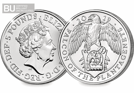 The Falcon was first used by Edward III of House Plantagenet. This coin is part of the Queen's Beasts Royal Mint £5 Series. It has been protectively encapsulated and certified as BU quality. 