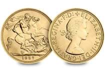 This Queen Elizabeth II Gillick portrait Gold Sovereign was struck in 1957. The reverse features Pistrucci's St George and the Dragon. Stuck in 22 carat gold.