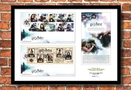 Presentation Frame featuring Royal Mail's new 2018 Harry Potter 10v stamps and professors Miniature Sheet, alongside Royal Mail's official release notes. Officially postmarked on 16.10.2018. EL: 995.