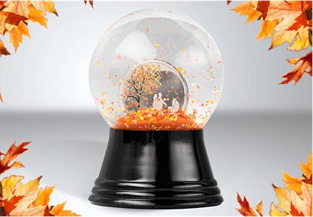 2nd in this snow globe series, this product represents an Indian summer, when the sugar maple leaves decorate the trees and ground. Your globe features an 18mm pure silver 1/10oz coin.