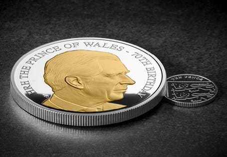 To celebrate His Royal Highness The Prince of Wales' 70th Birthday this silver proof 5oz coin has been issued featuring a brand new portrait and has been selectively plated in 24ct gold.