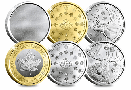 6 test specimens crafted with industry-leading security features and metal compositions. Designs include: moose, caribou, pie-chart, tri-metal, leaf 1 and leaf 2.