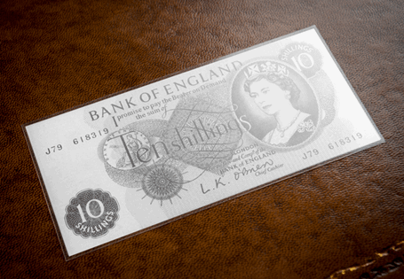 Fine Silver reproduction of the last 10 shilling banknote. Contains 5g of Fine Silver and measures 105mm x 50mm. This note has been laminated to protect against its delicate nature and allow handling.
