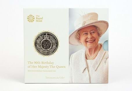 This £5 coin was issued in 2016 to celebrate the Queen's 90th birthday. The coin is in brilliant uncirculated quality and is protectively displayed in a presentation pack.