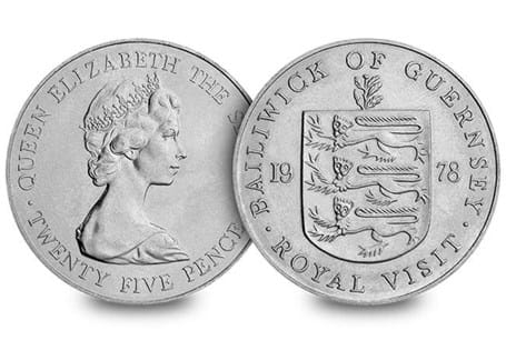This coin was produced in Guernsey in 1978 to celebrate the 1978 Royal Visit. It is in circulation quality.