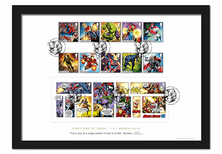 Limited Edition Presentation Frame featuring Royal Mail's new 2019 MARVEL stamps and comic strip mini sheet. Featuring characters and officially postmarked with First Day of Issue: 14.3.19. EL: 2,495.
