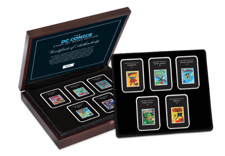 Boxed collection of USA's 10 DC Super Hero Comic Cover stamps. The stamps feature the images of the iconic comic covers. Stamps come individually preserved in tamper-proof cases. Edition Limit: 995.
