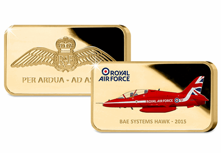 The 24 carat gold-plated ingot issued to honour the Red Arrows. With a full colour illustration of the iconic hawk jet and official RAF Wings logo.