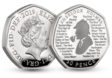 Brand New Silver Proof 50p issued by The Royal Mint to celebrate the 160th Anniversary of Sir Arthur Conan Doyle's birth. Comes in Royal Mint presentation box with numbered certificate of authenticity