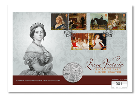 Issued to mark the Bicentenary of the birth of Queen Victoria, this cover features the official Royal Mail stamps issued for the anniversary and The Royal Mint's official £5 coin. Edition Limit: 250.