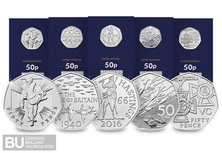 The 2019 50th Anniversary of the 50p Military CERTIFIED BU Set includes five 50p coins that have been re-issued by The Royal Mint in 2019. 
