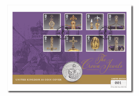 This cover celebrates the Crown Jewels and features Royal Mint 2019 Crown Jewels £5 coin and official Royal Mail Crown Jewels stamps, postmarked on Coronation Anniversary date - 02.06.2019. EL: 250.