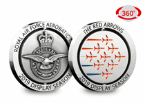 Celebrating the Red Arrows 2019 Display Season, this Medal is a WORLD FIRST, featuring the Red Arrows in the famous Diamond Nine formation, spins 360 degrees. Silver-plated to an antique finish.