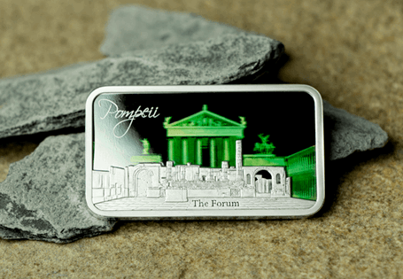 This coin bar has been struck from 1oz of Pure Silver to a pristine proof finish. Featuring an image of Pompeii's ruins in present day and a holographic image of the Temple of Apollo.