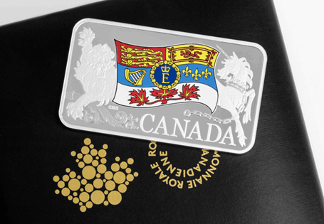 This Silver Proof coin features Queen Elizabeth II's personal Canadianflag, the first time it has ever appeared on a coin. The coin is flag shaped and feaures selective frosting and colour printing.