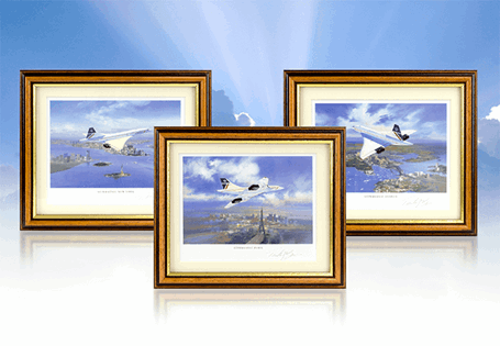 This collection of 3 prints feature different artwork of Concorde flying above the skylines of New York, Paris and Sydney. All have limited editions of 4,950 and have been hand-signed.