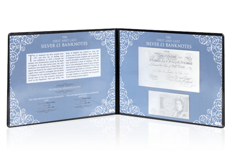 This set combines fine silver reproductions of the first and last £1 bank notes presented in a portcullis folder with cert and information about the notes.