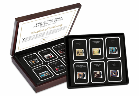 Royal Mail's 2019 Elton John 12v stamps come protectively displayed in their own tamper-proof capsule with specification cards, complete in a deluxe presentation box. Edition Limit: 495.
