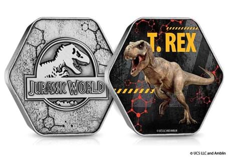 The Official Jurassic World T. Rex Medal is in the shape of DNA molecules and features a full colour image of a T. Rex dinosaur. The medal features the Official Jurassic World logo on the obverse.