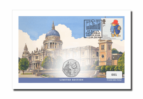 This small UK cover features Royal Mail's 2006 Paddington Bear 1st Class stamp, and The Royal Mint's 2019 Paddington at St Paul's Cathedral BU 50p coin. Postmarked - 12.09.19. Edition Limit: 1,000.
