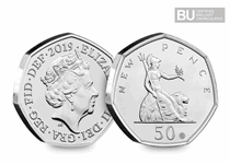 This 2019 50p has been released to celebrate 50 years of the 50p anniversary. It features a special minting first around the rim to reference the design. 