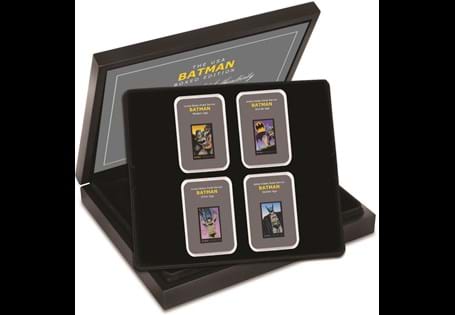 Boxed Edition of USA's 4 DC comics Batman stamps. The stamps feature Batman from 4 eras. All stamps come individually presented in tamper-proof cases in a Deluxe Display box. Edition Limit: 495