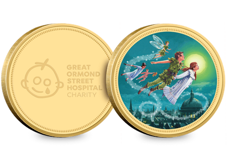 The Peter Pan Gold-Plated Commemorative features a full colour image of Peter Pan and the Darlings on their first flight. The reverse features the Great Ormond Street Hospital Charity logo.