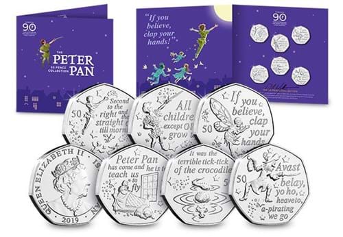 The Official Peter Pan 50p Set - signed Obverse and Reverses in the forefront with packaging in the background