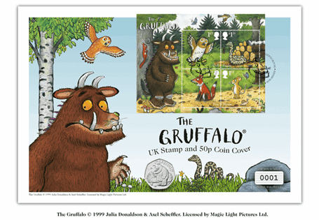 Large UK Stamp and Coin Cover featuring The Royal Mint's 2019 Gruffalo and Mouse 50p coin alongside Royal Mail's Gruffalo Mini Sheet. Officially postmarked on First Day of Issue: 10/10/19. EL: 1500