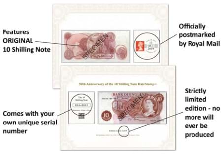 The 10 Shilling note was the precursor to the 50p and last issued on 13th October 1969. This note has been officially postmarked by Royal Mail for 13th October 2019 — 50 years since the last issue.