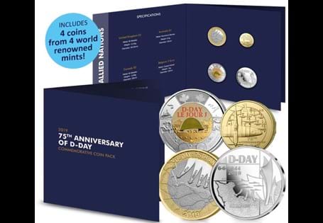 This 2019 coin pack has been issued to commemorate the 75th
Anniversary of D-Day. It features 4 coins, each from an allied nation from The Second World War; UK, Australia, Canada and Belgium.