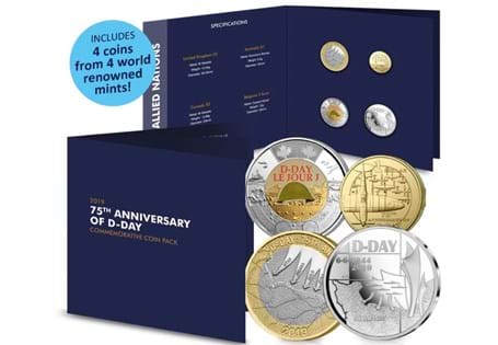 This 2019 coin pack has been issued to commemorate the 75th
Anniversary of D-Day. It features 4 coins, each from an allied nation from The Second World War; UK, Australia, Canada and Belgium.