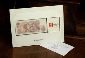 10 Shilling Note 50th Anniversary Datestamp Front with Certificate against Background