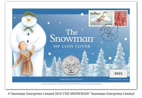 The Snowman 50p Coin Cover features the brand new Royal Mint 2019 The Snowman Brilliant Uncirculated 50p coin alongside the 1993 The Snowman and Father Christmas 1st class stamp. Edition Limit: 1,000.