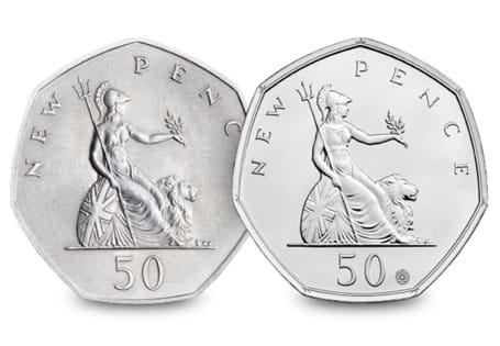 Both the original 1969 UK Britannia 50p and the 2019 dated re-issued Britannia 50p. 