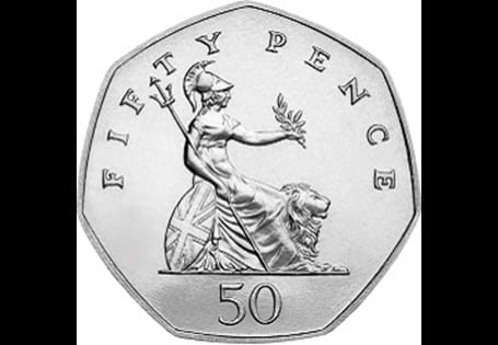 UK 50p - various years. Reverse design features Britannia seated.