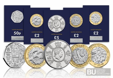 The 2020 Commemorative Coin Pack includes all 5 2020 issues: Team GB 50p, Agatha Christie £2, Victory in Europe £2, Mayflower £2 and King George £5. All coins are in CERTIFIED BU quality.