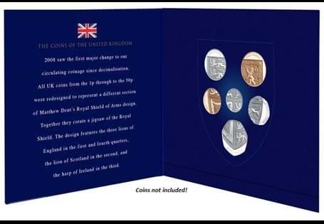 This is the Annual Royal Shield Collector Pack, which has space to fit the 6 definitive UK coins from the 1p to 50p. The pack is empty so you can insert the coins when you find them in your change. 