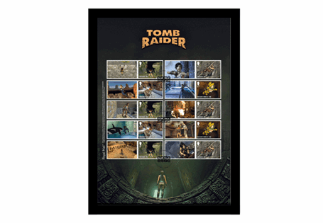 The Tomb Raider Framed Presentation features the new official Mail Tomb Raider stamp A4 collector sheet, featuring 10 stamps. Presented in an A4 frame. Postmarked: 21st Jan 2020. Edition Limit: 995.