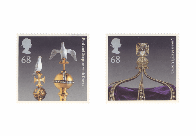 Rod and Sceptre with Doves Stamp and Queen Mary's Crown Stamp