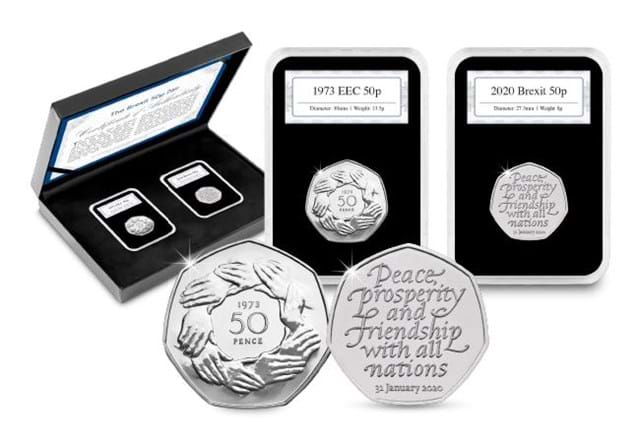 The Brexit 50p Pair Reverses in forefront with capsules and display box in the background