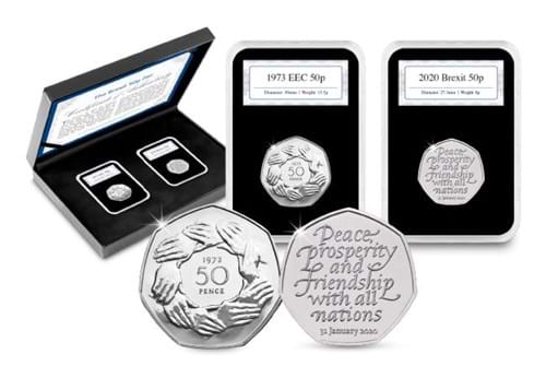 The Brexit 50p Pair Reverses in forefront with capsules and display box in the background
