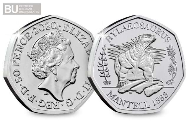 2020 UK Hylaeosaurus CERTIFIED BU 50p Obverse and Reverse with BU logo