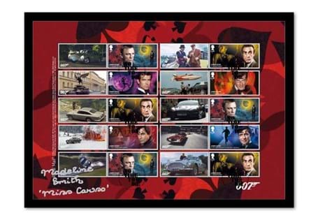 The James Bond Stamps Signed Frame features Royal Mail's brand new 2020 James Bond Collector Sheet. Postmarked with the First Day of Issue 17.03.20. Each frame is signed by Maddy Smith. EL:250