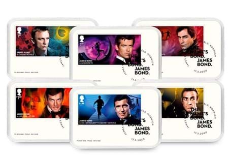 The James Bond Stamps Premium Capsule Edition come protectively displayed in their own tamper-proof capsule with specification cards. Postmarked with the First Day of Issue, 17.03.20 EL:2020
