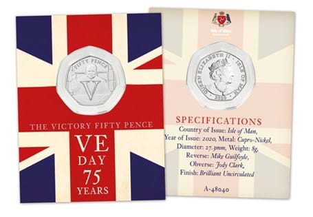 This 50p coin commemorates the 75th anniversary of VE day. Struck from CuNi to a Brilliant Uncirculated Finish, this 50p features a reverse design of Churchill doing his famous V for Victory stance.