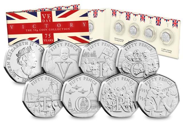 The Complete Victory BU 50p Collection reverses and obverse in forefront with the packaging behind