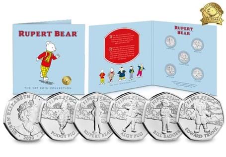 This coin issue commemorates the 100th anniversary of Rupert Bear, who made his first appearance in 1920. This set contains 5 50p coins with Rupert, Bill, Edward, Algy and Podgy.