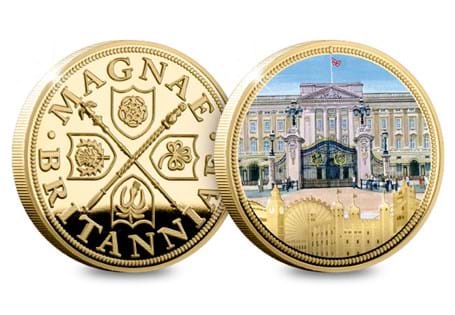 Your commemorative features Buckingham Palace, portrayed in full colour and is plated in 24 carat gold.